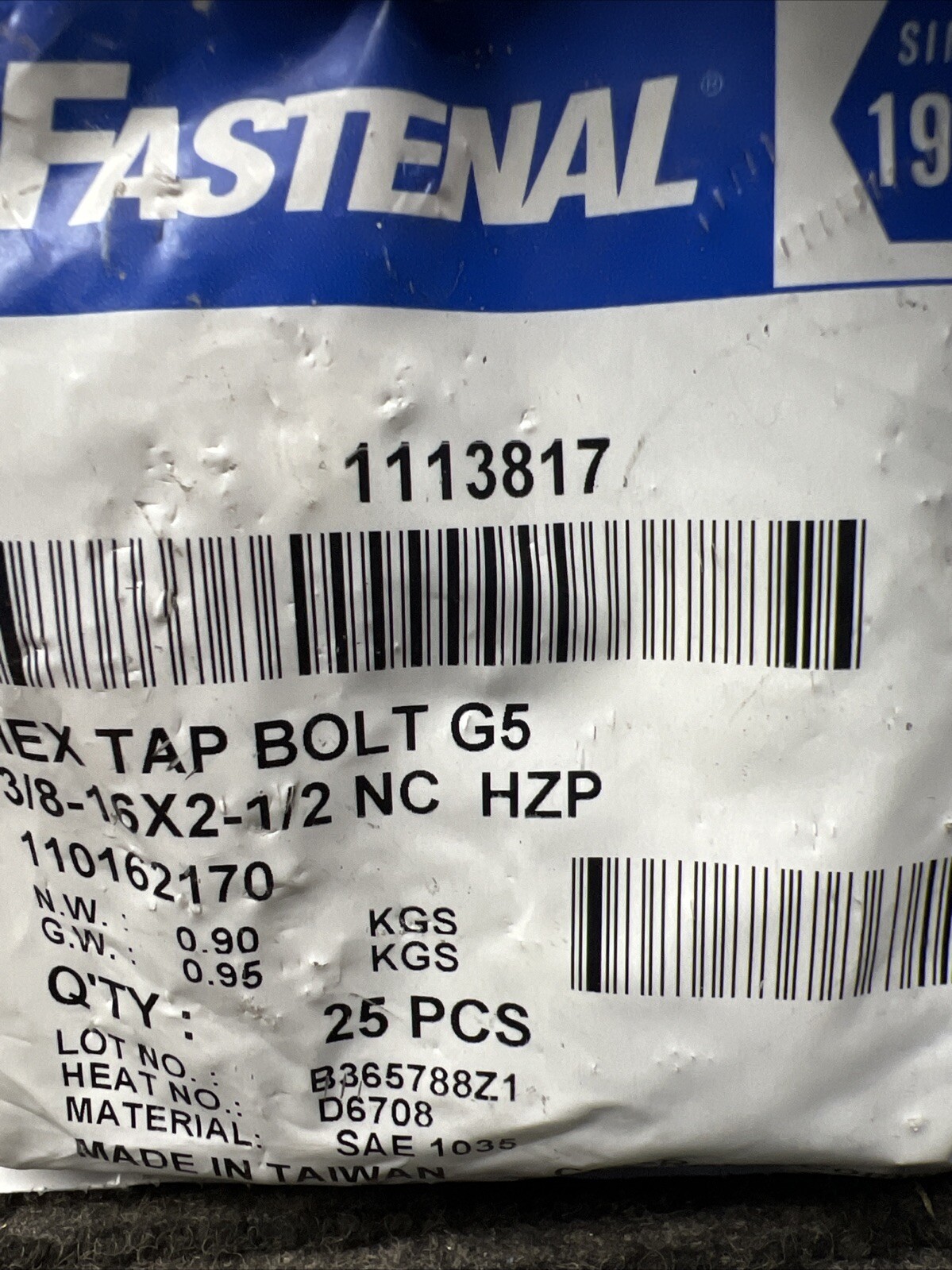 25x FASTENAL 3/8″-16 x 2-1/2″ Zinc Plated Steel Full Thread Hex Head Tap Bolts