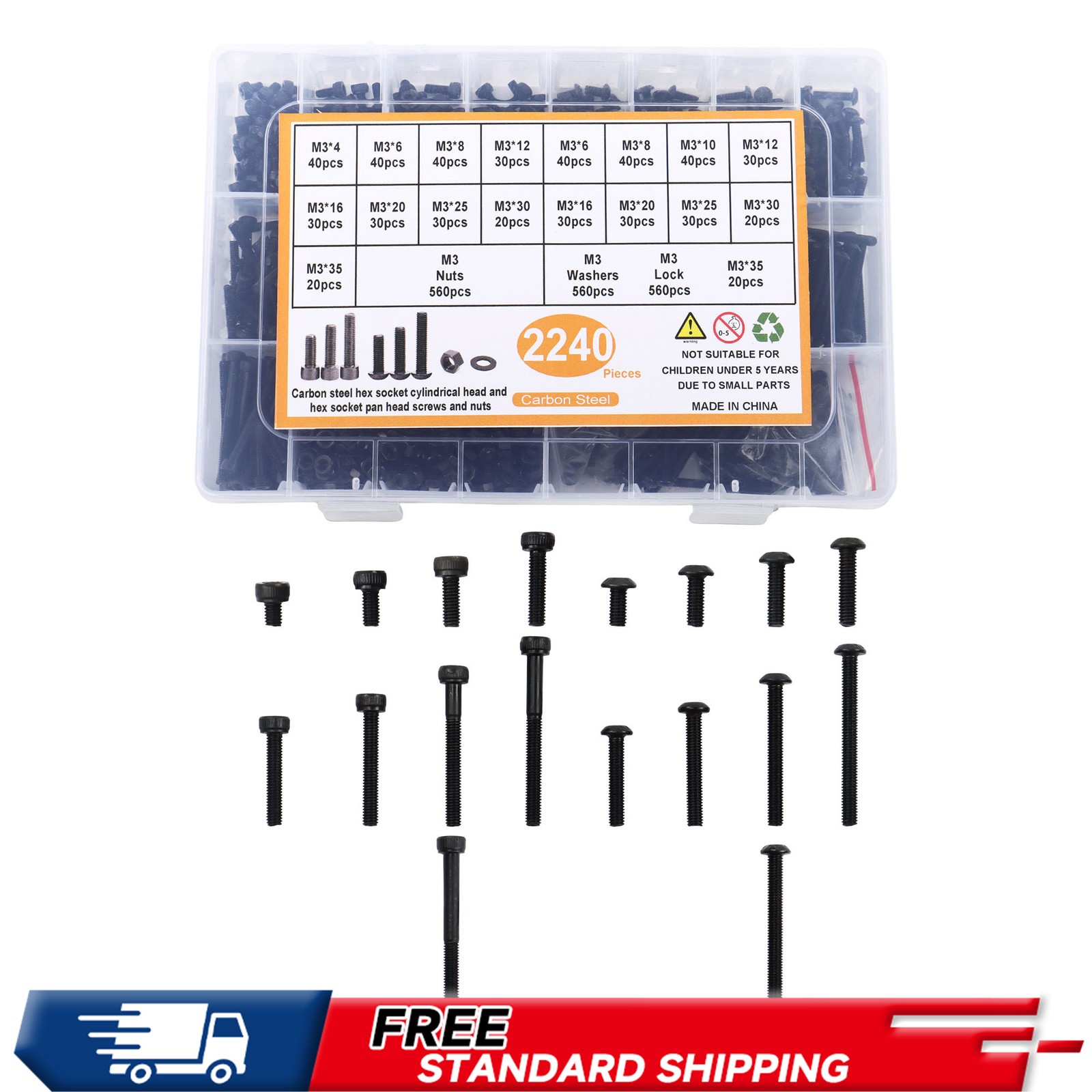 M3 Metric Screws Assortment 2240 Pcs M3 Screws Nuts Washers 4mm-35mm Alloy Steel